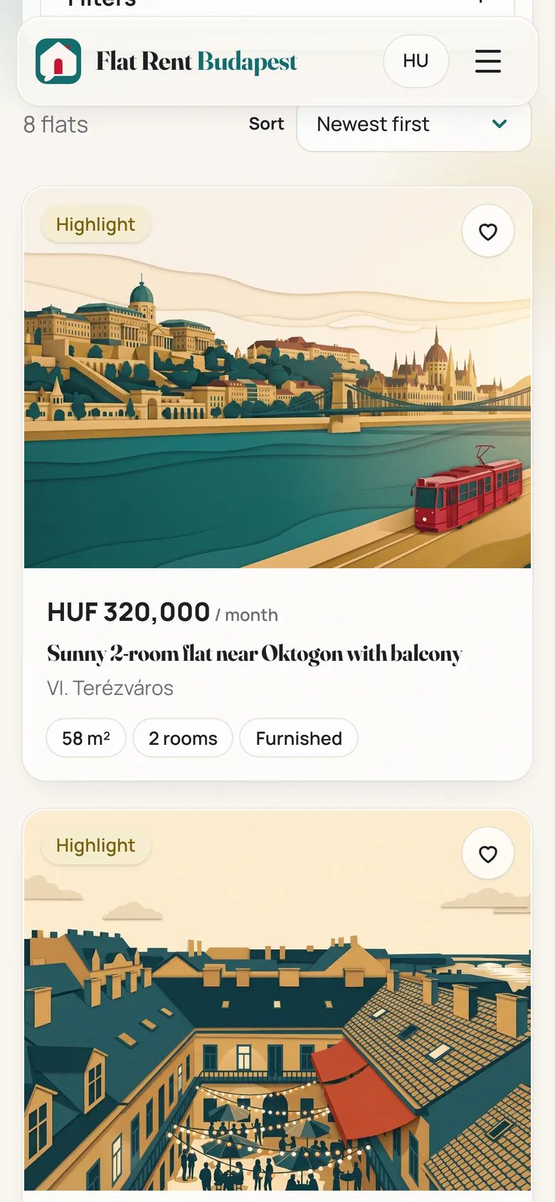 Flat Rent Budapest listings on a phone